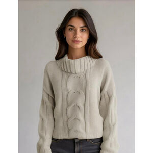 Seven7 Women's Cable‎ Knit Sweater Turtleneck Beige XL Long Sleeve Ribbed Collar